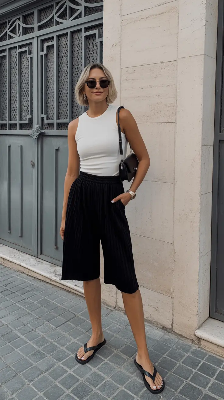 summer flip flops for women 2026 Monochrome Balance With White Tank And Black Flowing Shorts