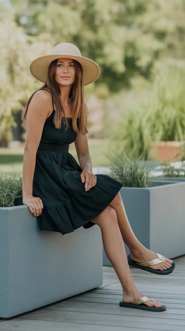 summer flip-flops for women 2026 Soft Black Dress And Sunlit Minimalism