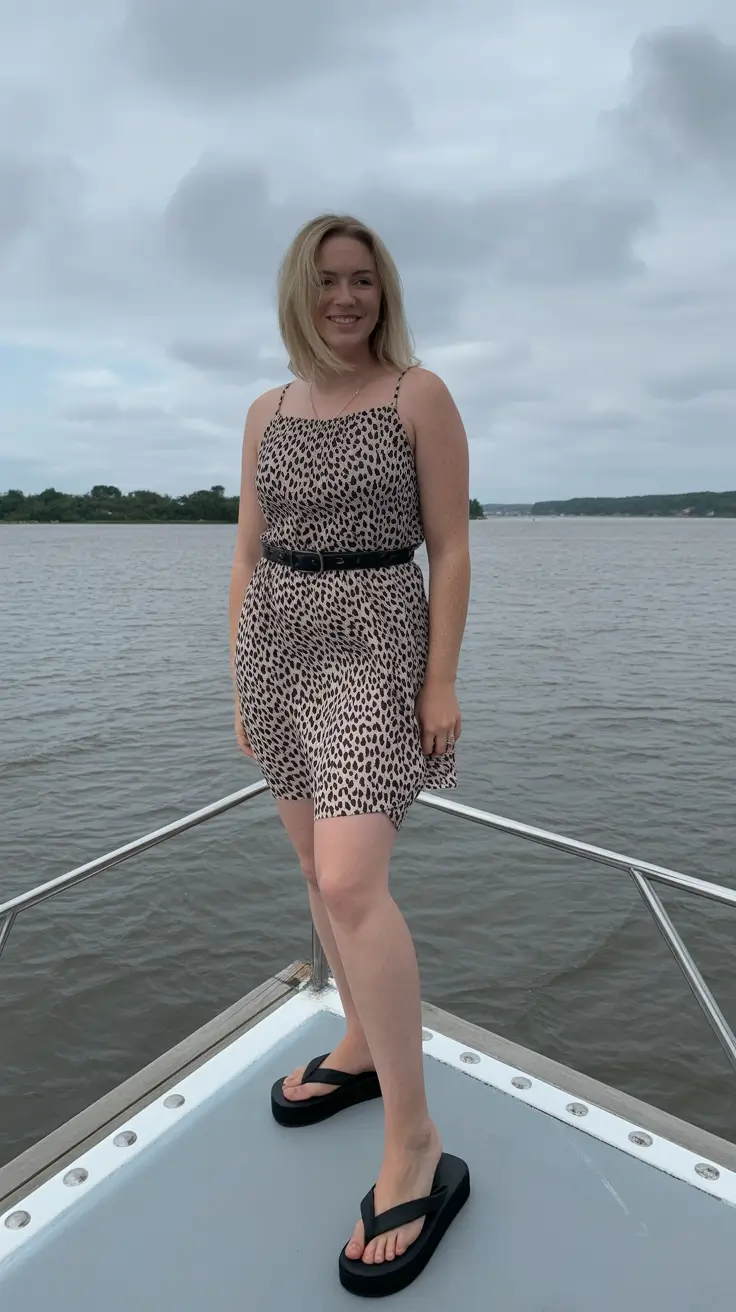 summer flip flops for women 2026 Relaxed Animal Print Dress With Elevated Black Platform Flip Flops