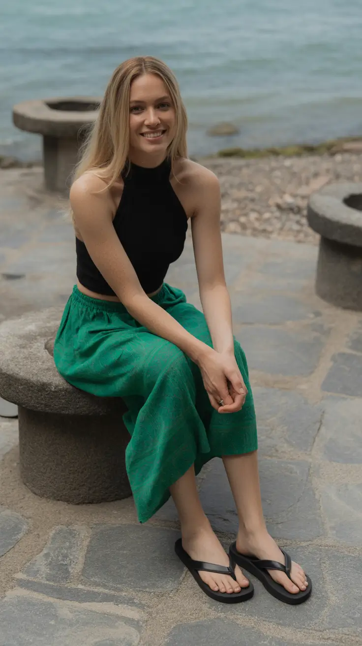 summer flip flops for women 2026 Minimal Black Top And Green Skirt With Classic Flip Flops