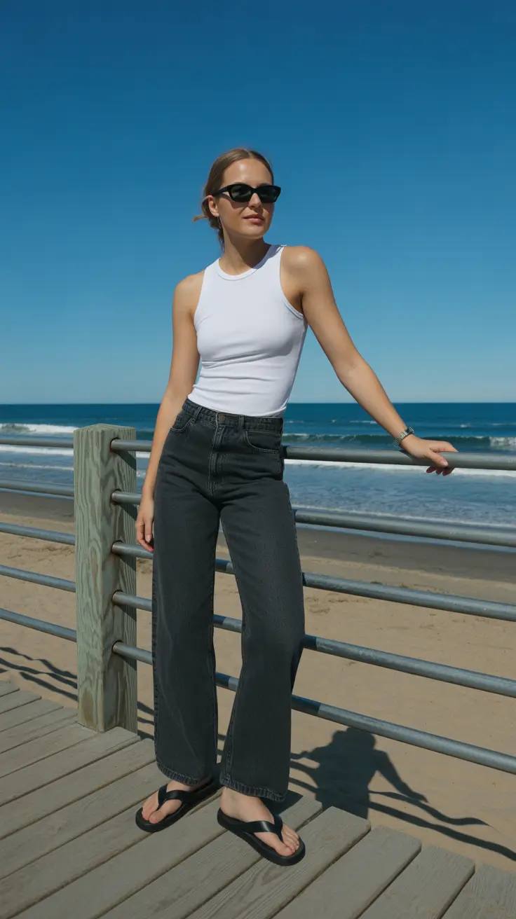 summer flip flops for women 2026 Coastal Simplicity With Black Denim And Tank Top