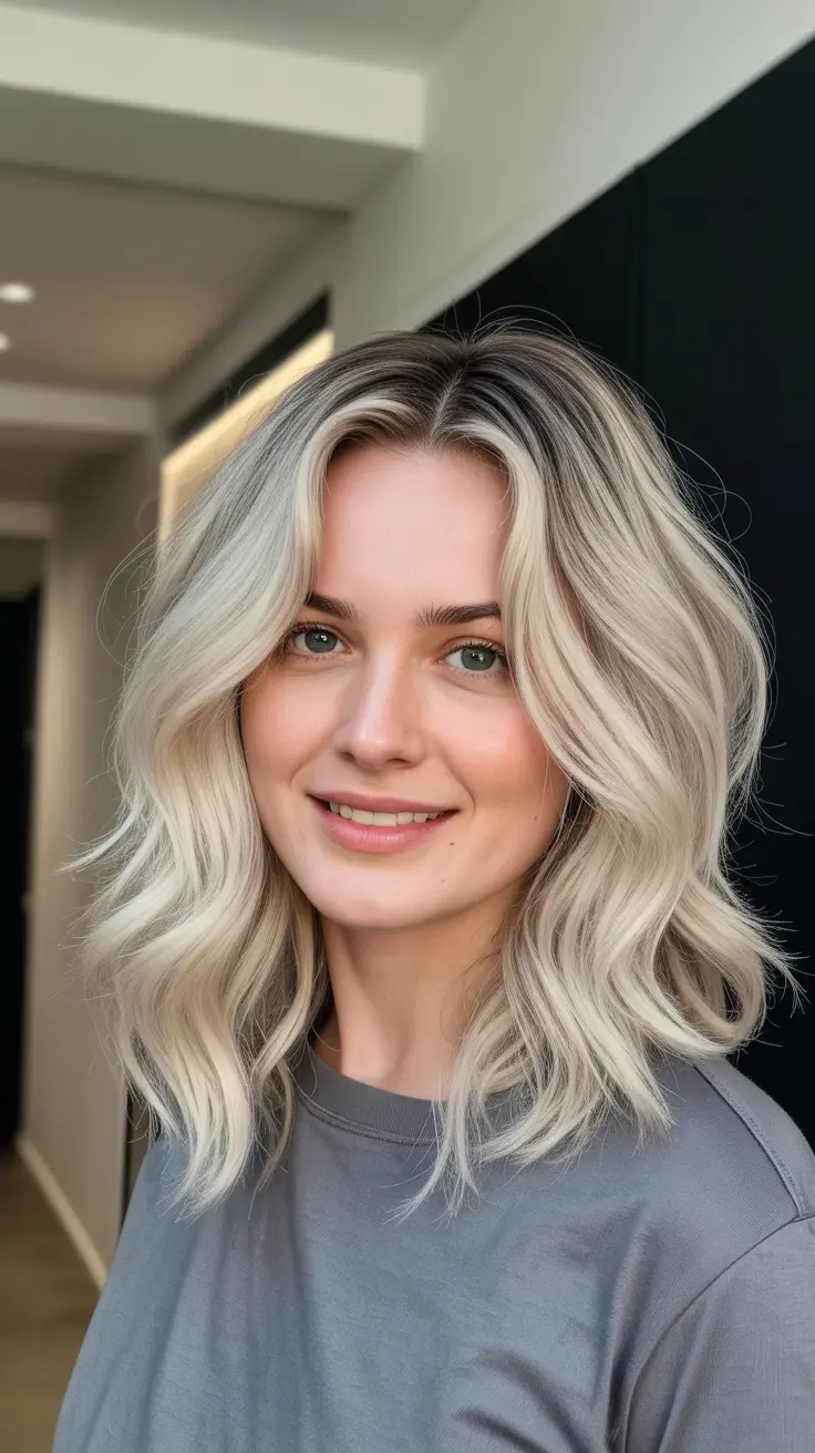 summer hair color for blondes 2026 low maintenance Soft Icy Blonde Waves With Natural Root Melt