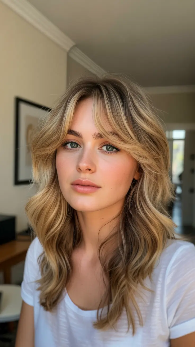 summer hair color for blondes 2026 low maintenance Soft Layered Honey Blonde With Airy Curtain Bangs