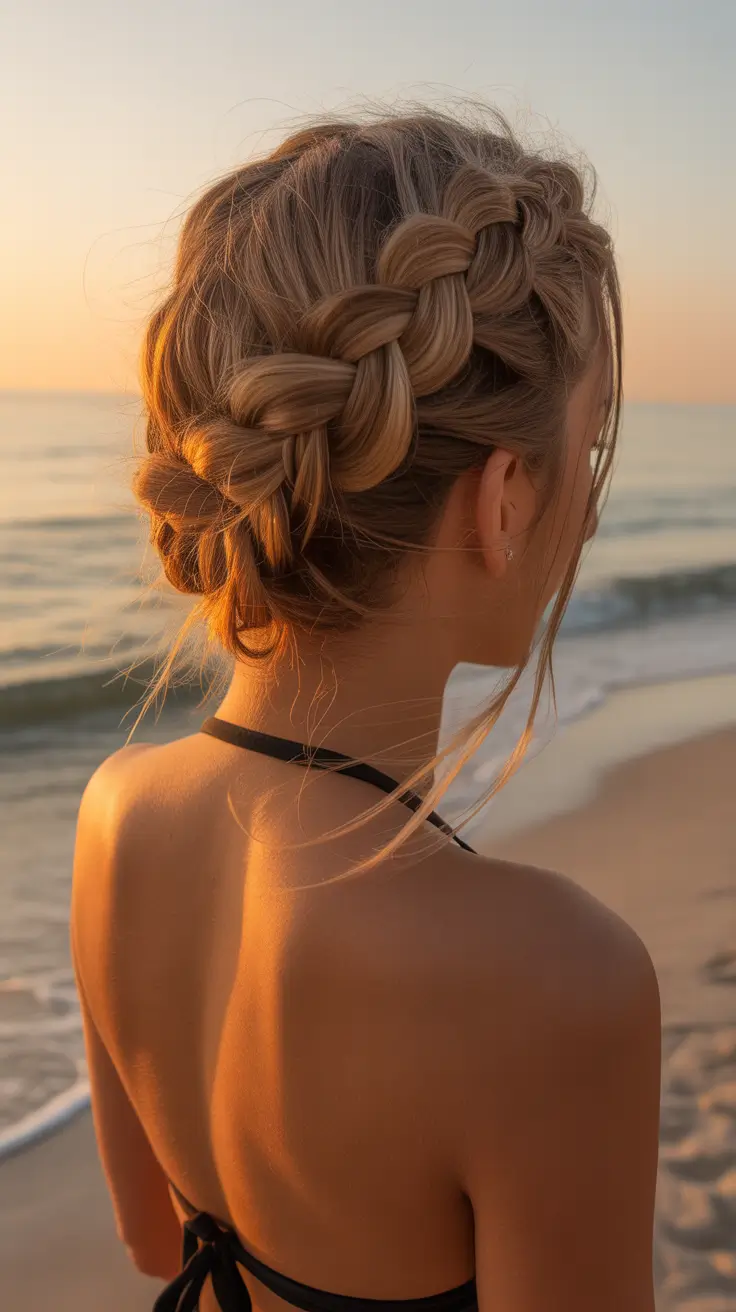 summer hairstyles for swimming 2026 Chunky Crown Braid Updo