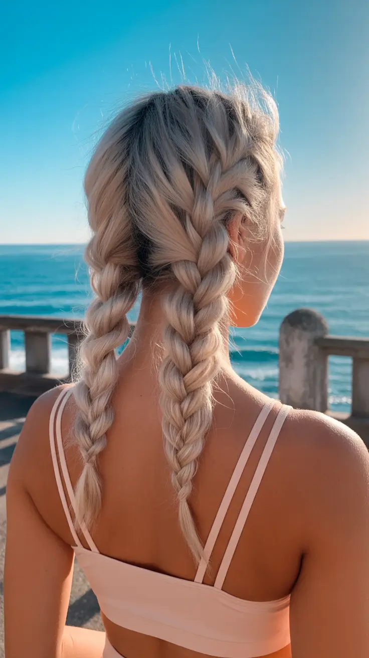 summer hairstyles for swimming 2026 Classic Double Braids For Active Beach Days