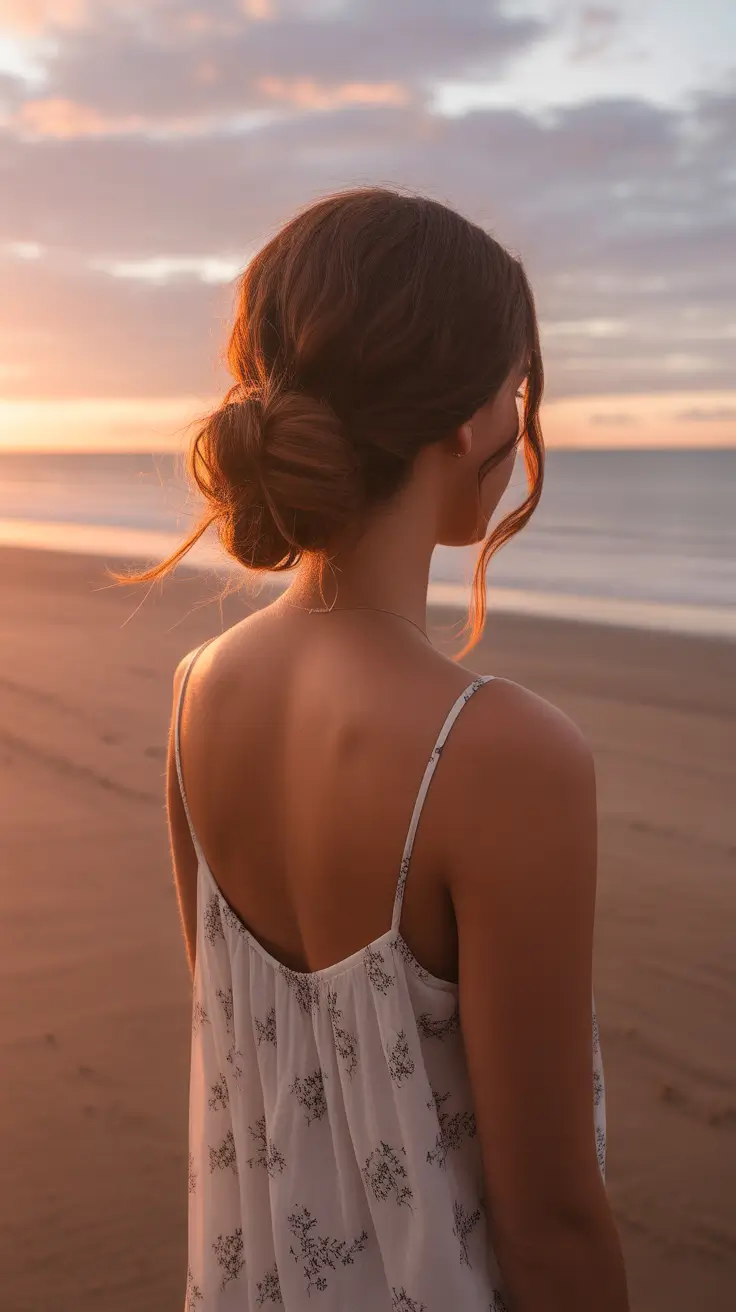 summer hairstyles for swimming 2026 Loose Low Bun With Sunlit Strands