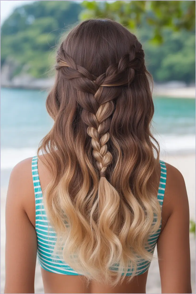summer hairstyles for swimming 2026 Half-Up Braided Cascade With Soft Waves