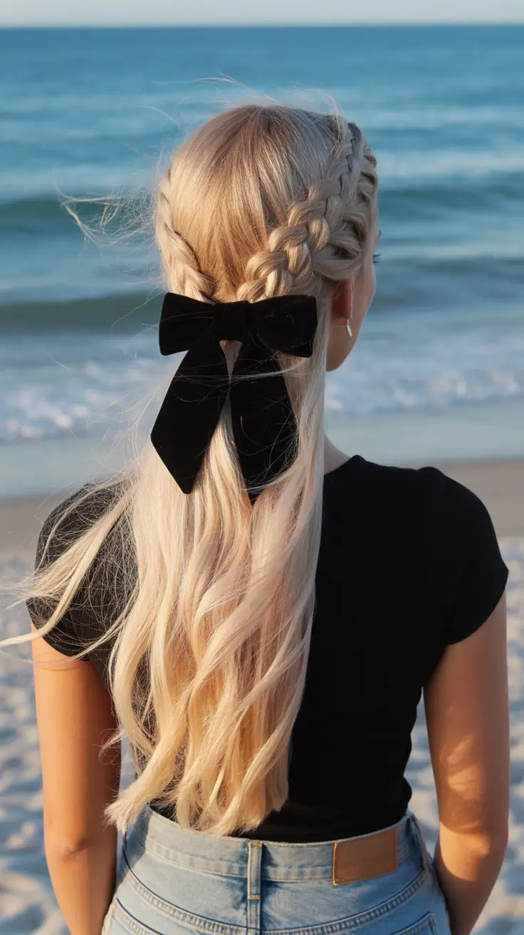 summer hairstyles for swimming 2026 Double Braids With Statement Bow Finish