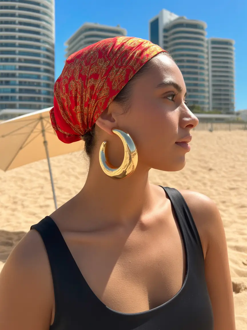 summer heads 2026 Sleek Pulled-Back Hair With Bold Statement Headscarf