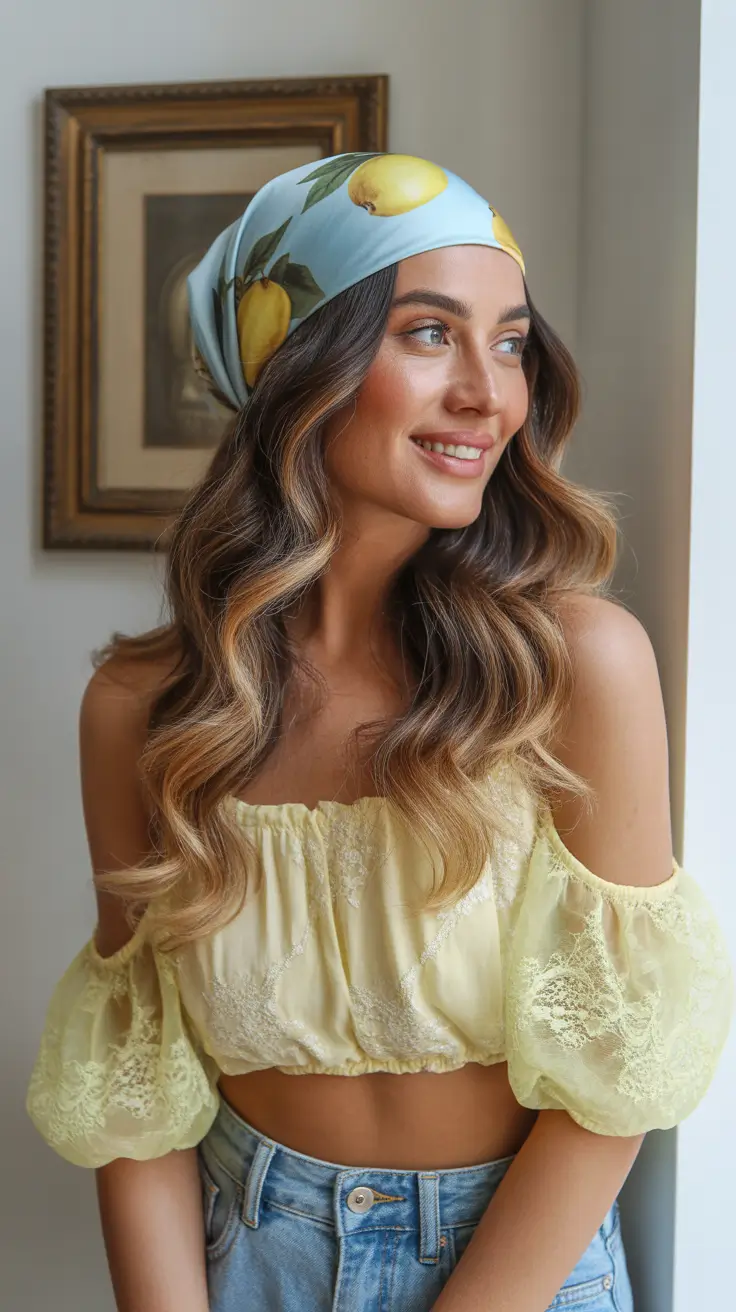 summer heads 2026 Sunlit Balayage Waves With A Playful Bandana