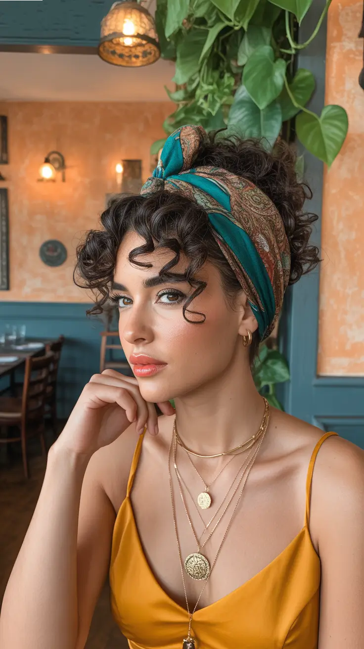 summer heads 2026 Curly Updo With Statement Headscarf Wrap