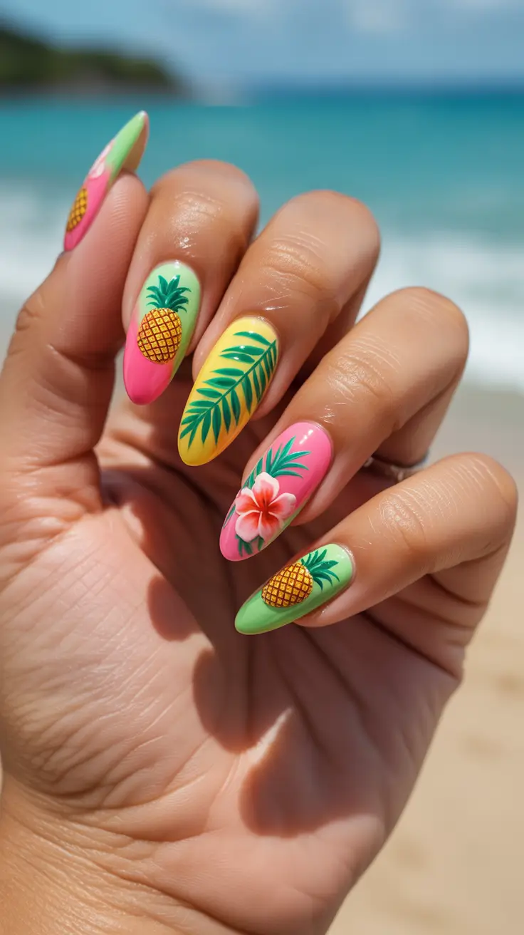summer nail art ideas 2026 gel Tropical Fruit Pop With Playful Color Blocking