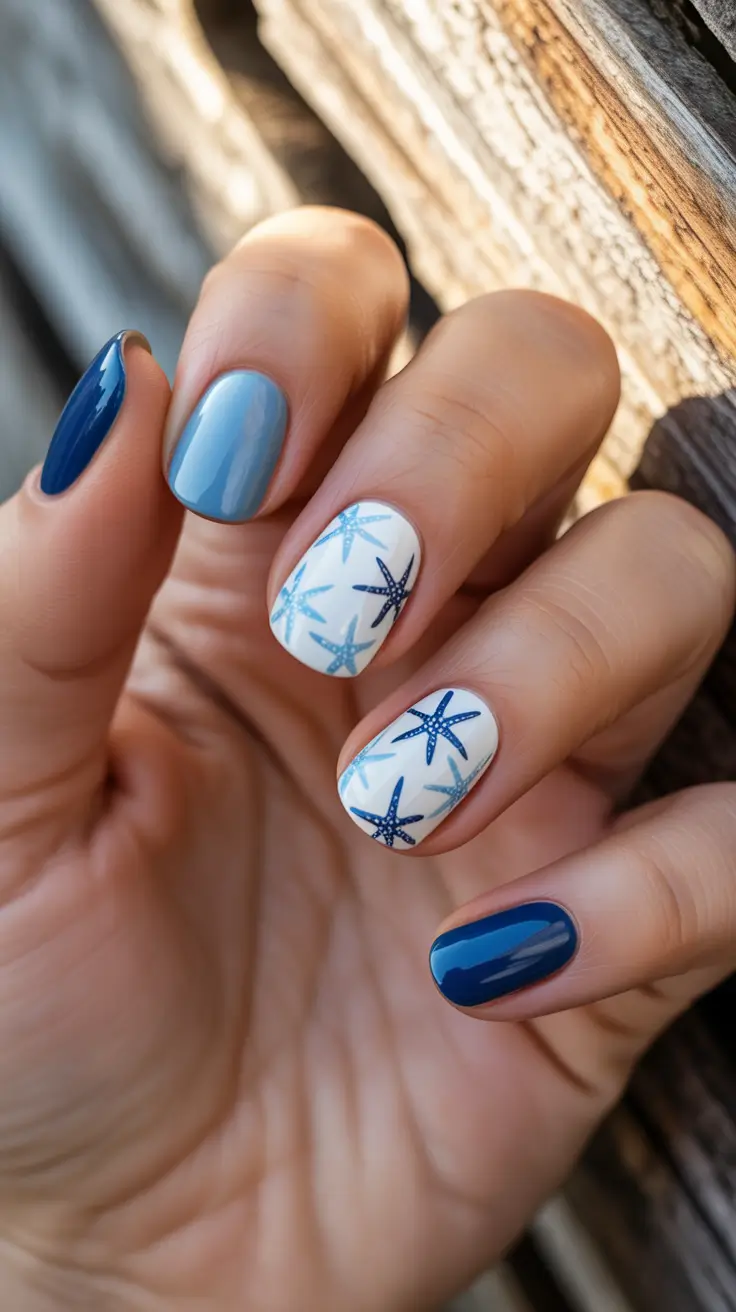 summer nail art ideas 2026 gel Minimal Coastal Starfish In Soft Blue And White