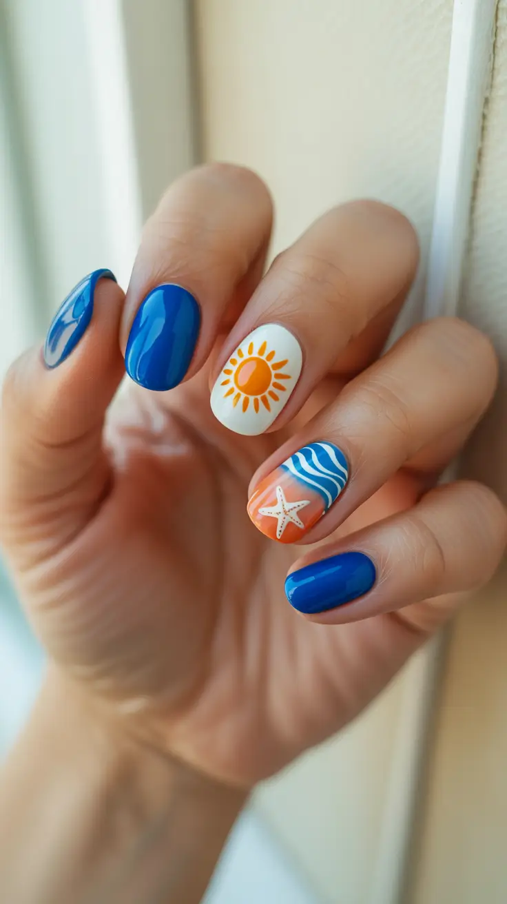 summer nail art ideas 2026 gel Ocean Mini Stories In Blue And Sunny Accents