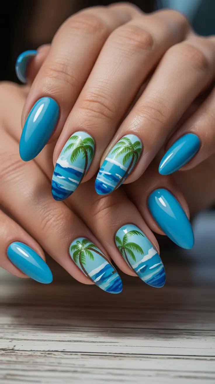 summer nail art ideas 2026 gel Deep Blue Tropical Shoreline Art