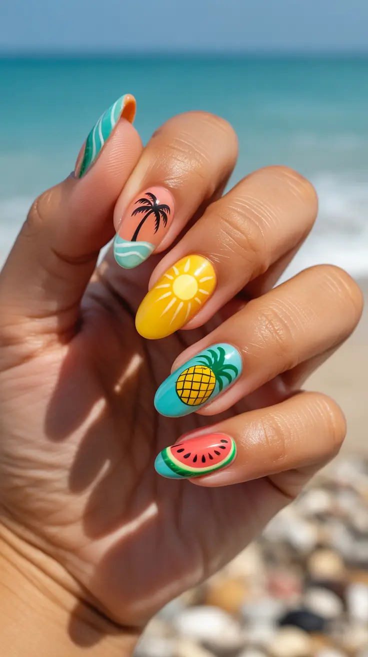 summer nail art ideas 2026 gel Playful Fruit Mix With Bold Summer Colors