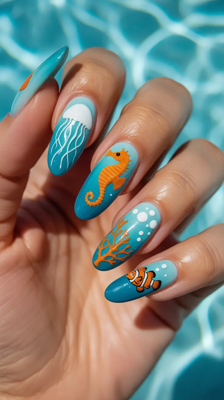 summer nail art ideas 2026 gel Underwater Fantasy With Marine Life Details