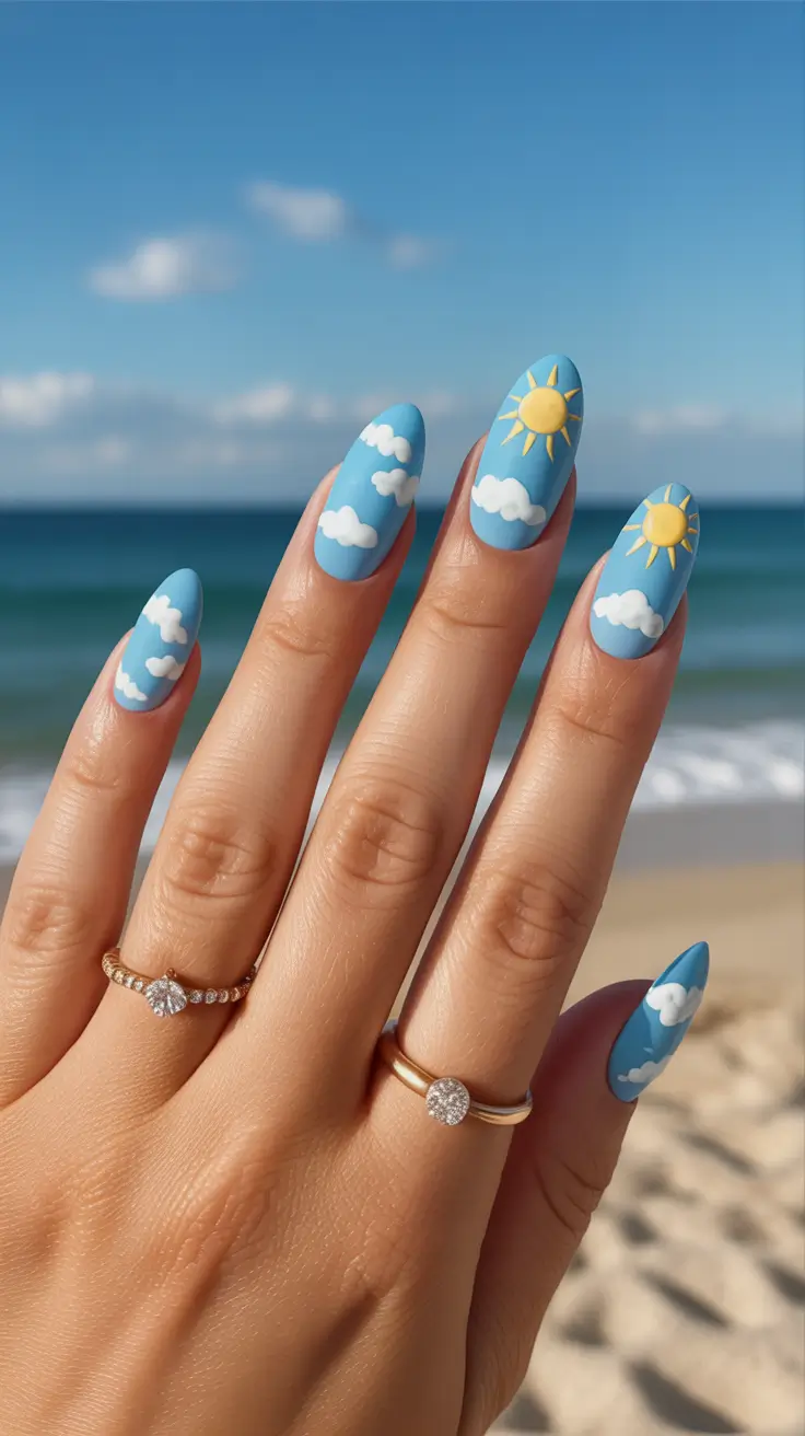 summer nail art ideas 2026 gel Sky And Sunshine Minimalism In Soft Blue Tones
