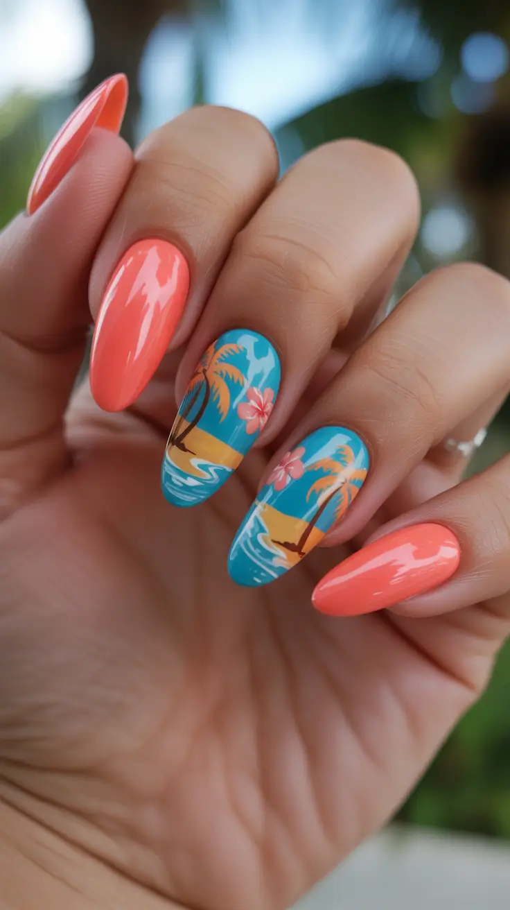 summer nail art ideas 2026 gel Tropical Sunset And Coral Gloss Contrast