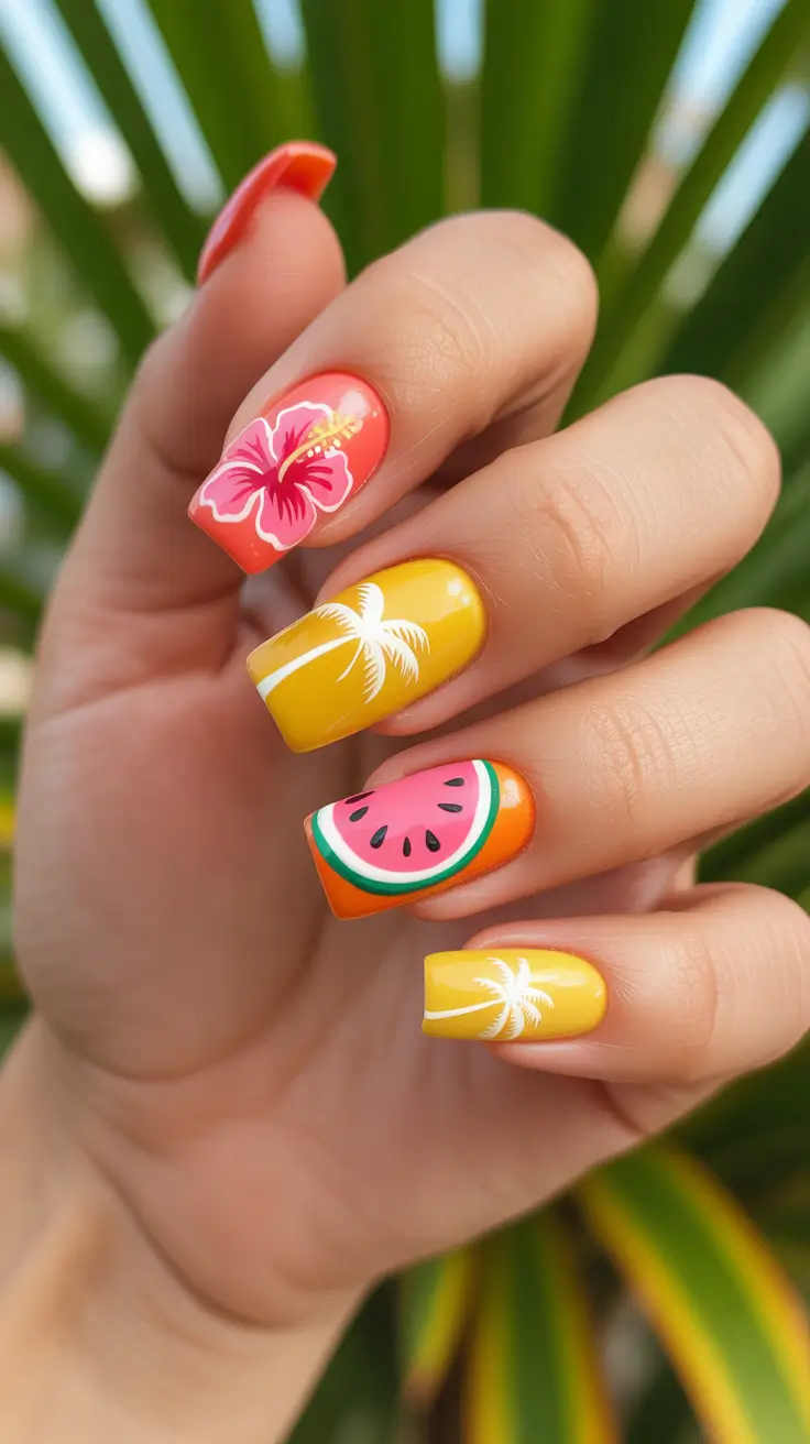 summer nail art ideas 2026 gel Playful Tropical Mix With Yellow And Fruit Accents