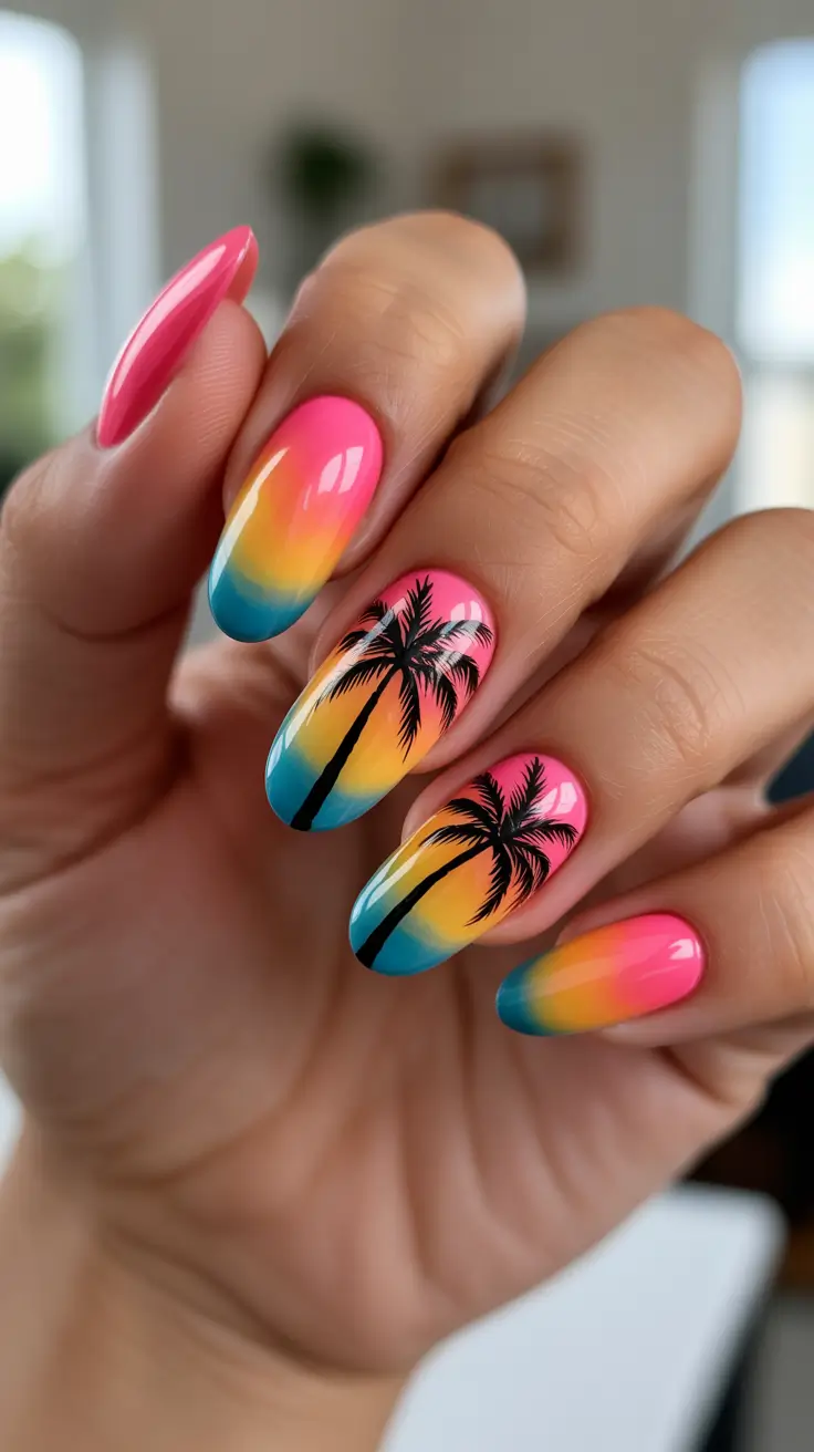 summer nail art ideas 2026 gel Sunset Ombre With Palm Silhouette Drama