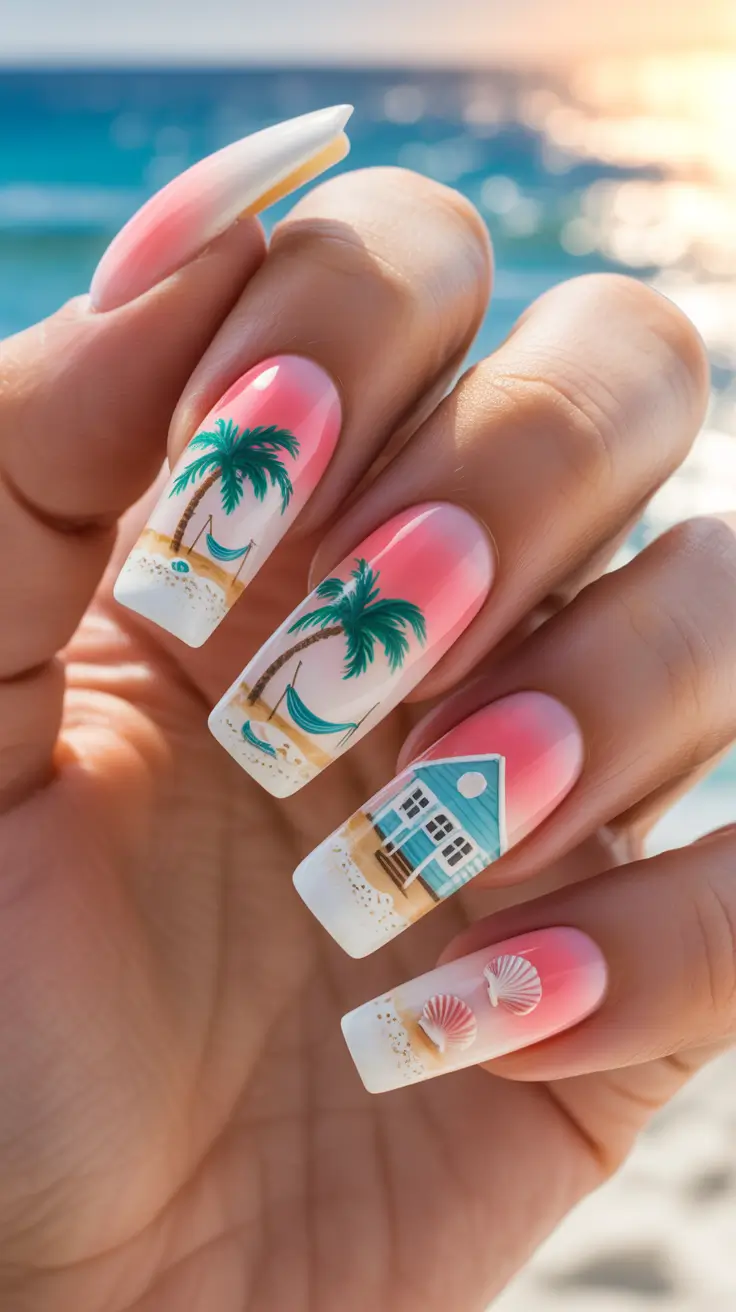 summer nail art ideas 2026 gel Soft Pink Sunset With Beach Story Details