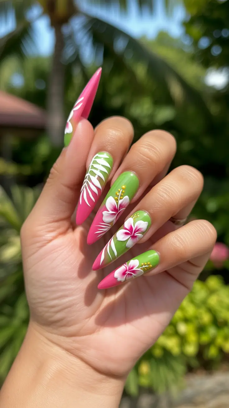 summer nail art ideas 2026 gel Floral Tropics In Pink And Green Contrast