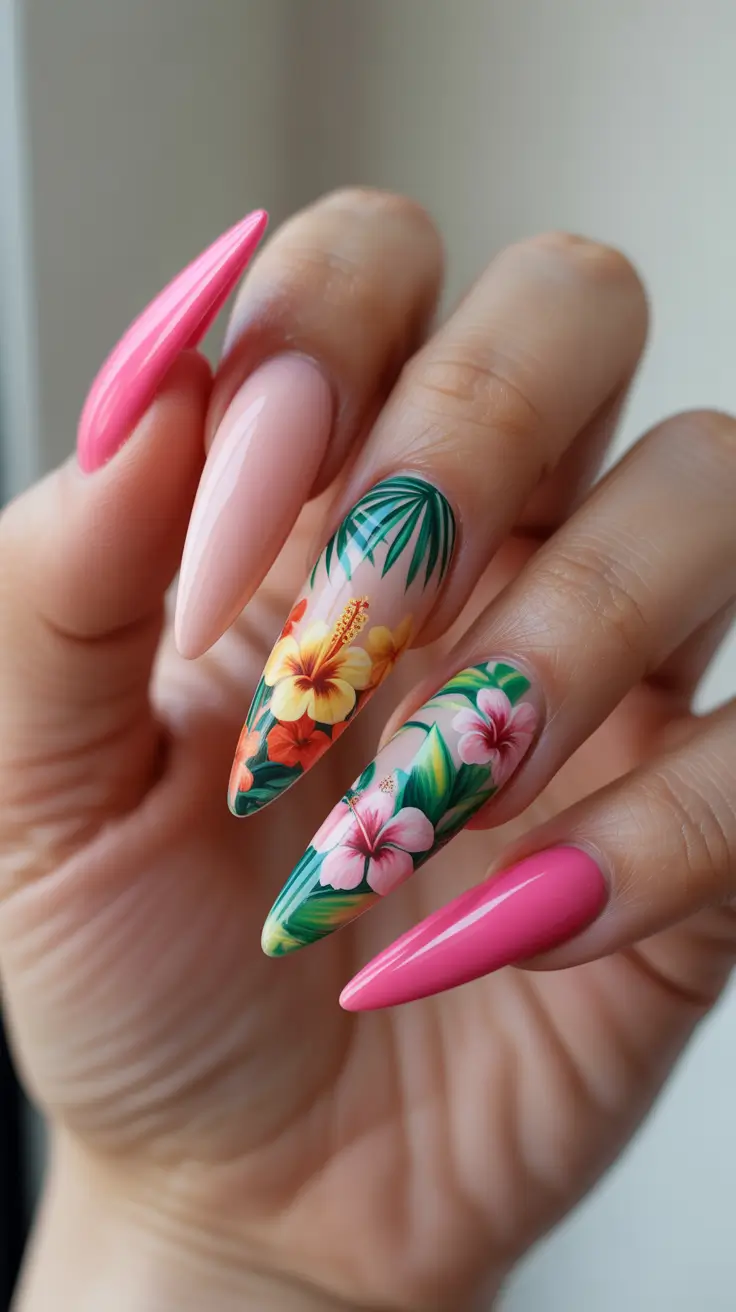 summer nail art ideas 2026 gel Soft Tropical Florals With Nude Base Balance