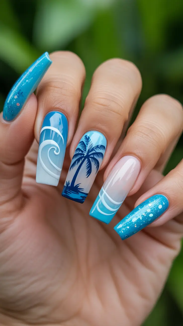 summer nail art ideas 2026 gel Soft Tropical Breeze In Square Blue Tones