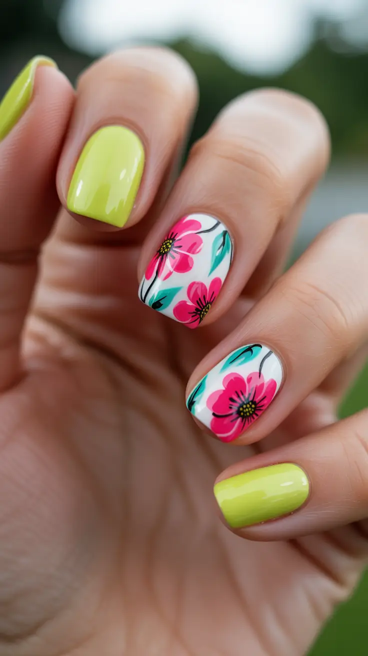 summer nail art ideas 2026 gel Fresh Yellow And Floral Accents For Sunny Days