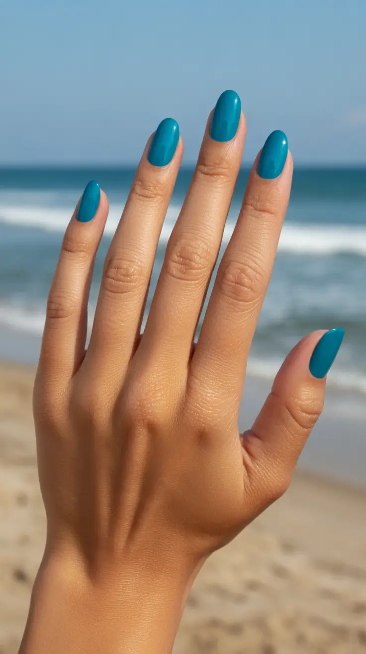 summer nail colors ideas 2026 beach Ocean Blue Almond Nails