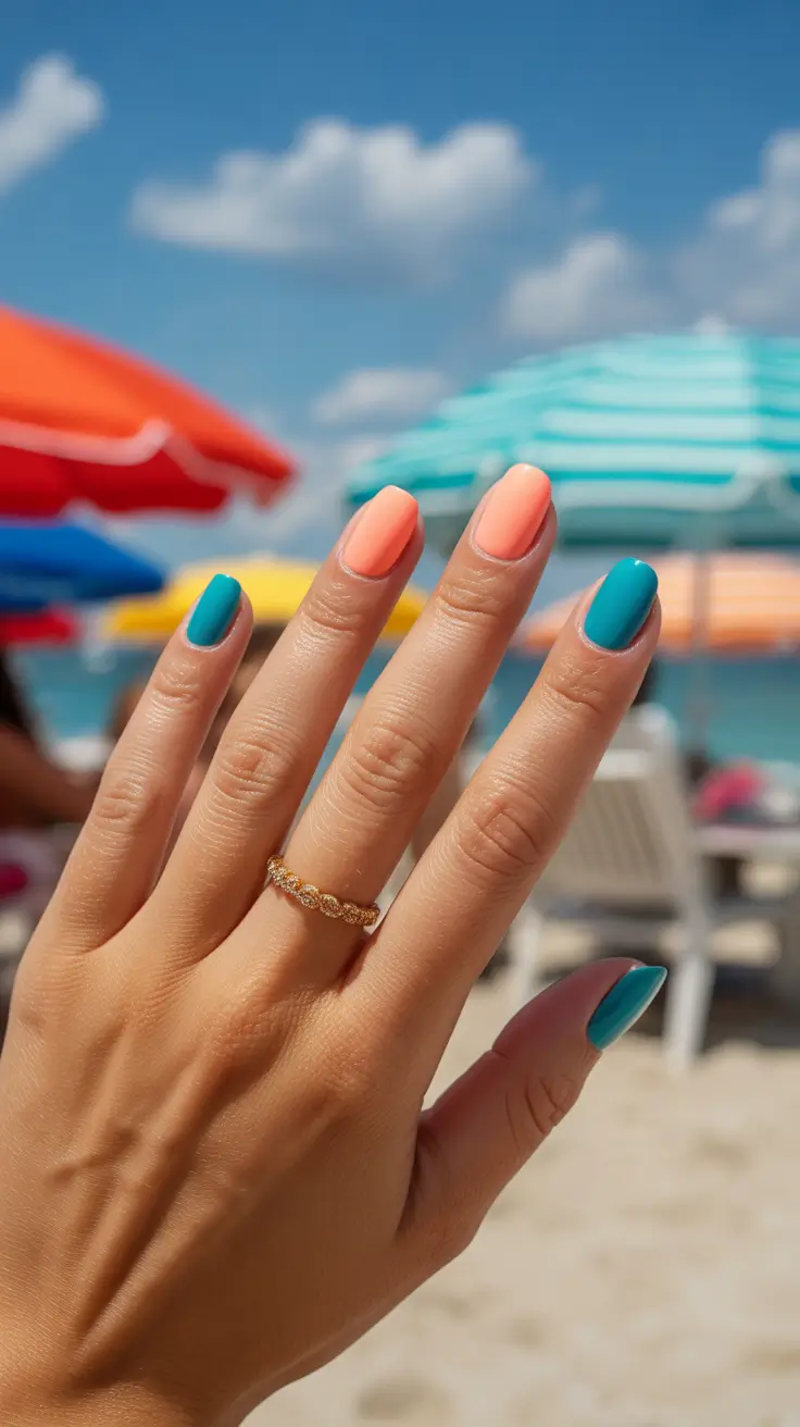 summer nail colors ideas 2026 beach Peach And Turquoise Beach Mix Playful Summer Contrast