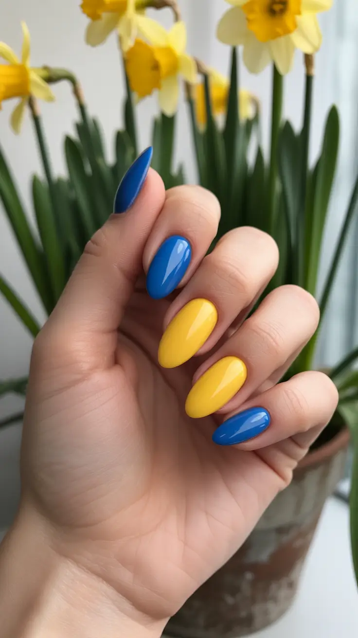 summer nail colors ideas 2026 beach Sunny Blue And Yellow Combo Playful Color Blocking
