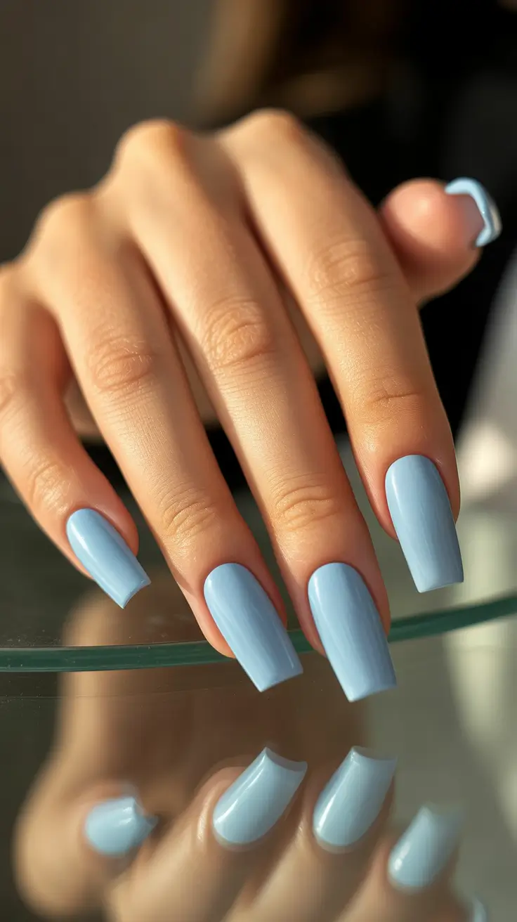summer nail colors ideas 2026 beach Soft Sky Blue Square Minimal Summer Calm