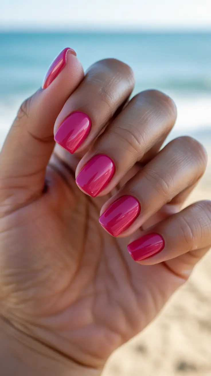 summer nail colors ideas 2026 beach Glossy Watermelon Pink For Effortless Beach Days
