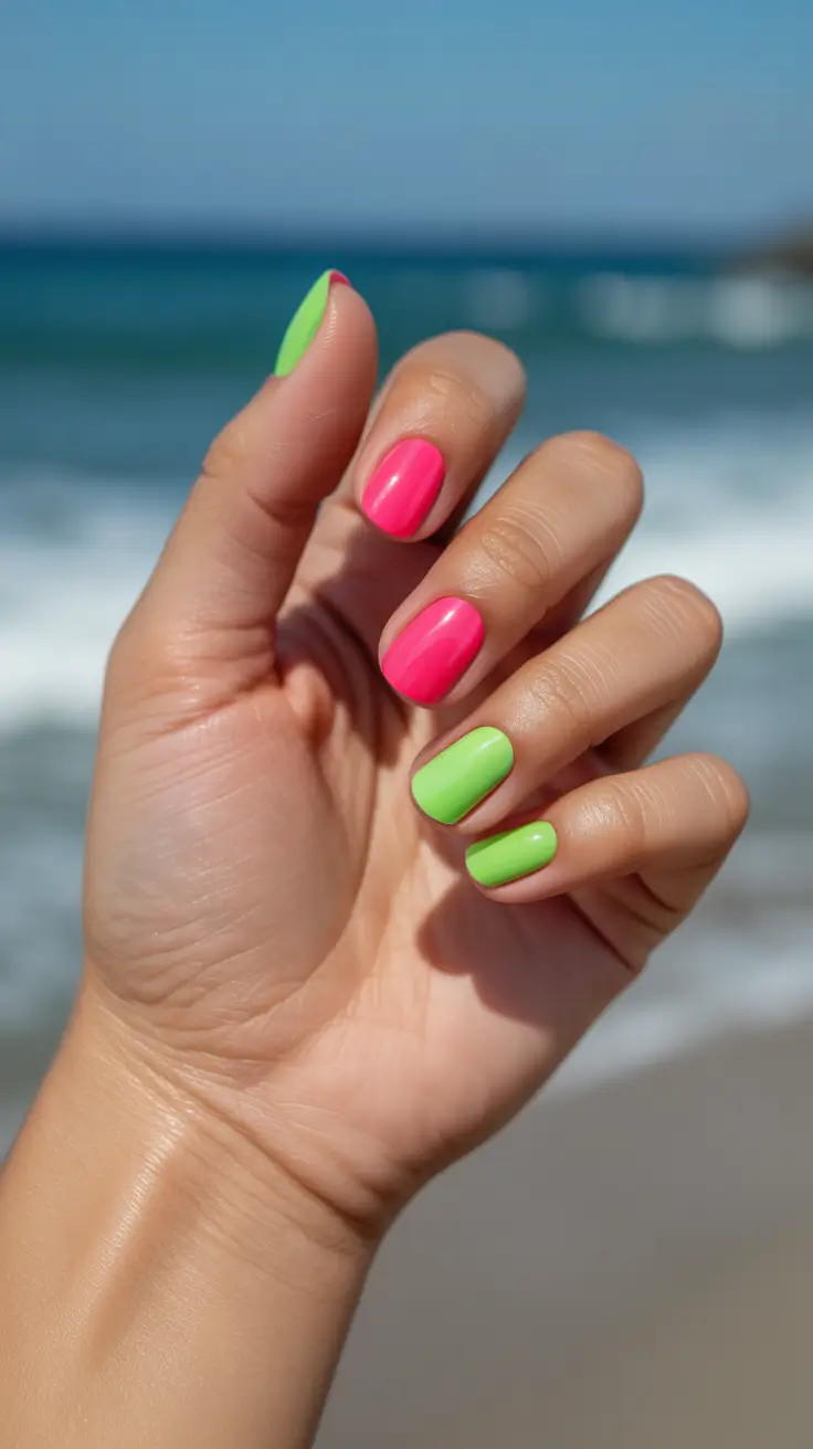 summer nail colors ideas 2026 beach Playful Pink And Lime Combo
