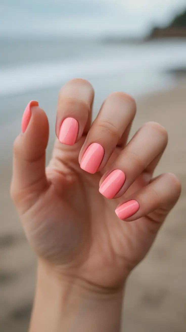 summer nail colors ideas 2026 beach Soft Coral Glow Minimal Manicure