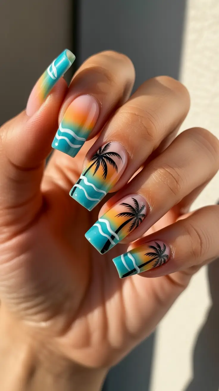 summer nail inspo 2026 Sunset Ocean Gradient With Palm Silhouettes On Square Tips