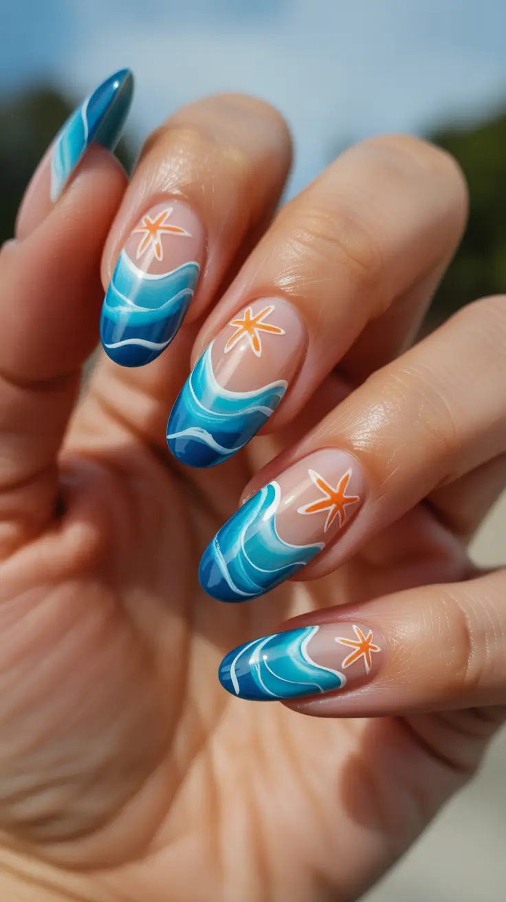 summer nail inspo 2026 Ocean Wave Almond Nails With Starfish Details