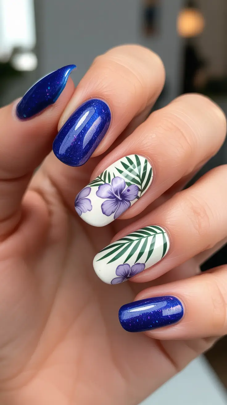 summer nail inspo 2026 Deep Blue Gloss With Tropical Floral Accent
