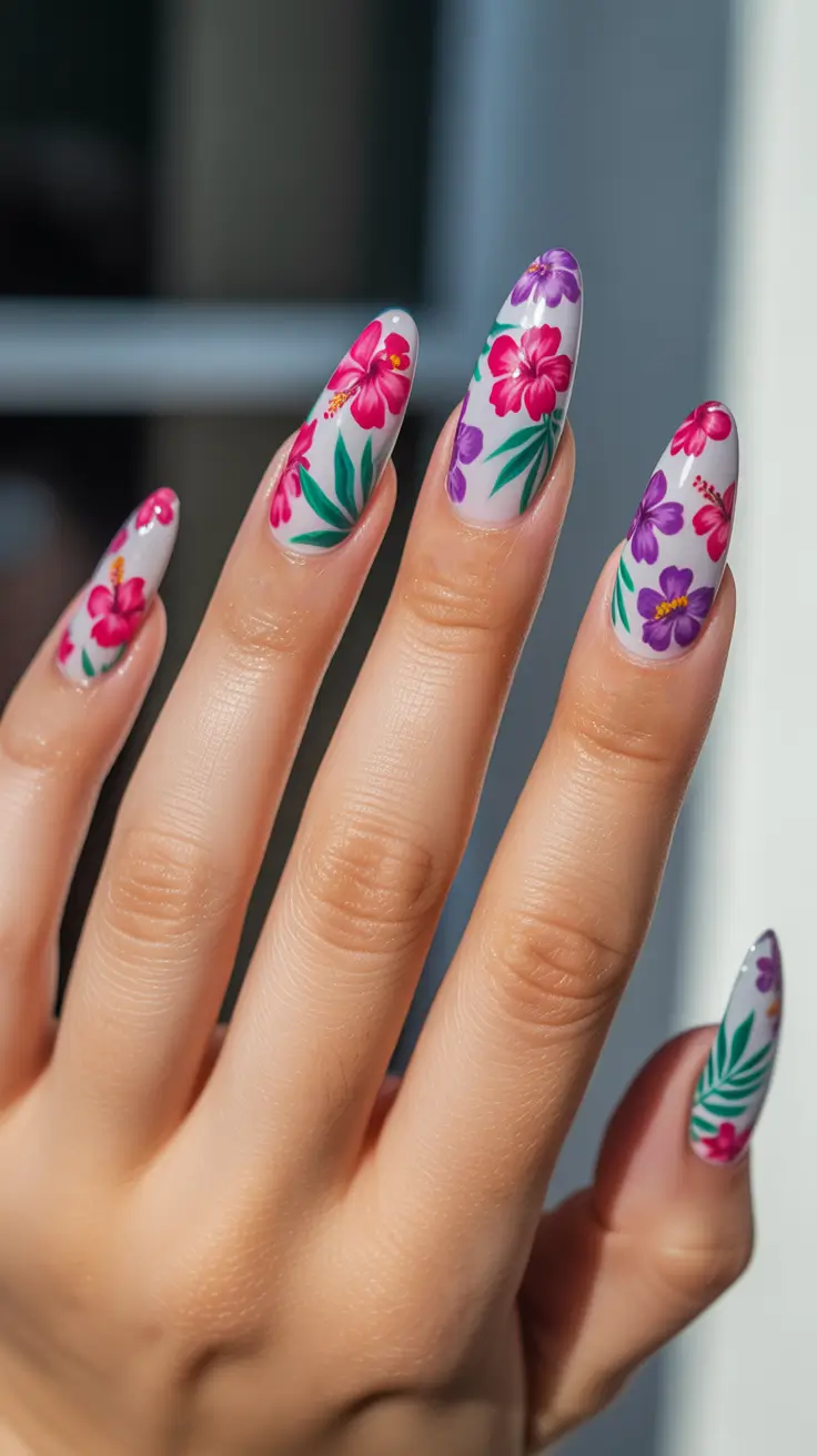 summer nail inspo 2026 Almond Floral Garden Nails With Soft Tropical Energy
