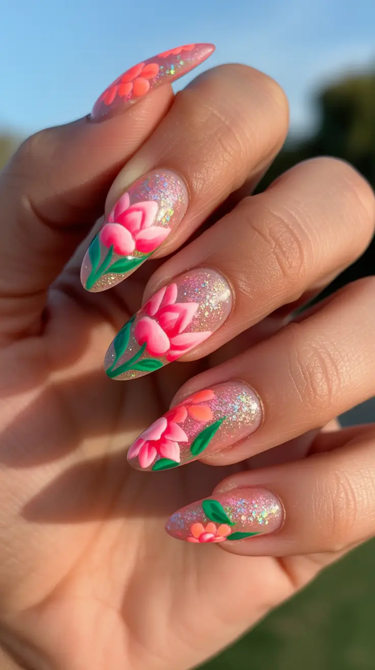 summer nail inspo 2026 bright Shimmer Pink Florals With Glossy Almond Finish