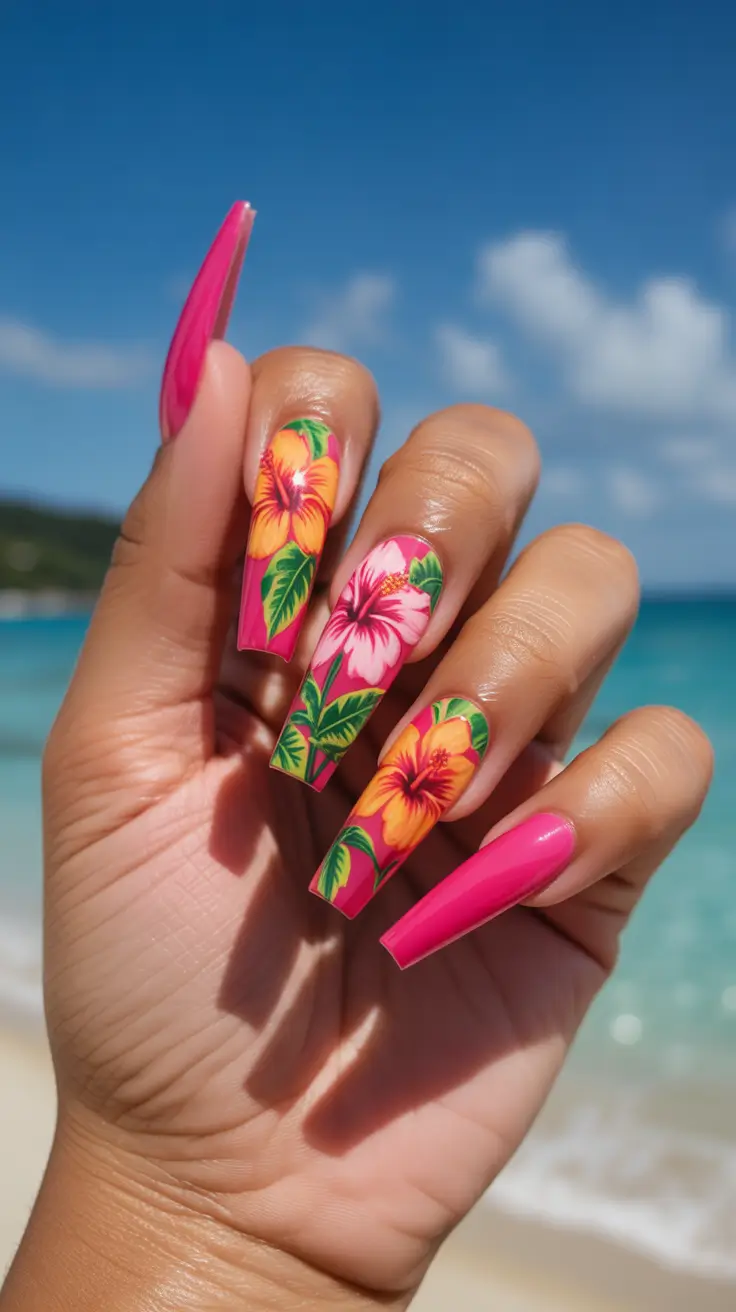 summer nail inspo 2026 bright Bold Hibiscus Pink Acrylic Vacation Nails