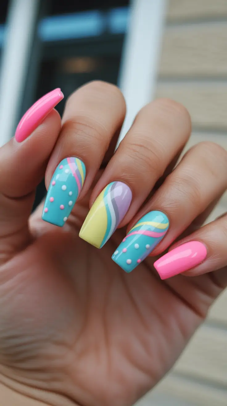 summer nail inspo 2026 bright Pastel Rainbow Waves On Square Nails