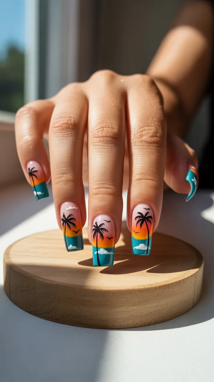 summer nail inspo 2026 bright Sunset Palm Silhouette Square Nails