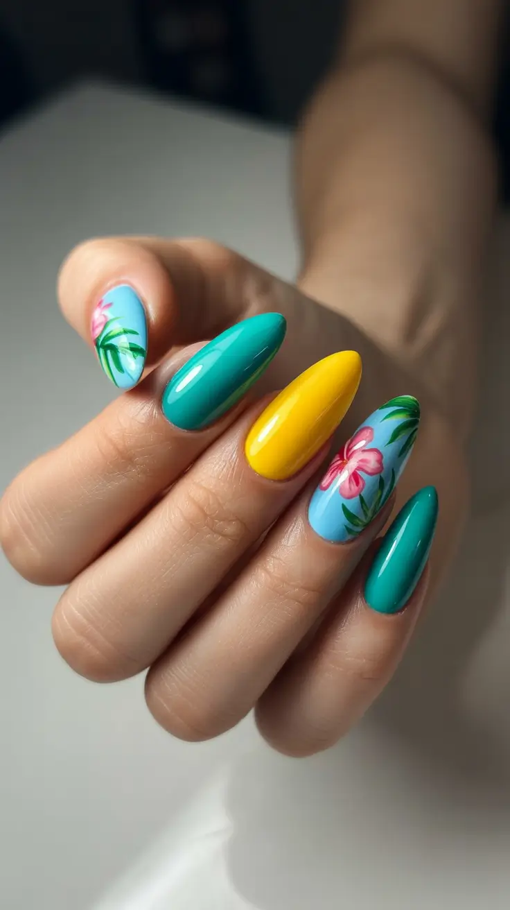 summer nail inspo 2026 bright Tropical Color Clash With Floral Accents
