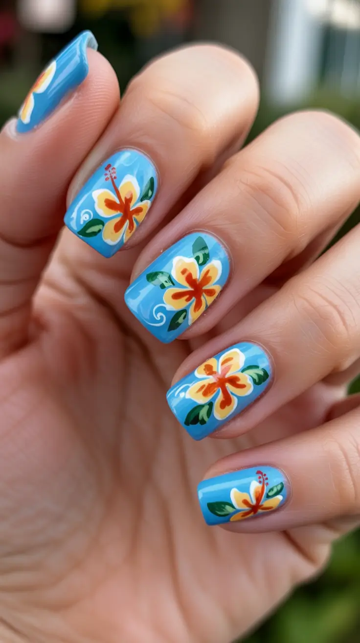 summer nail inspo 2026 bright Playful Blue Hibiscus On Short Square Nails