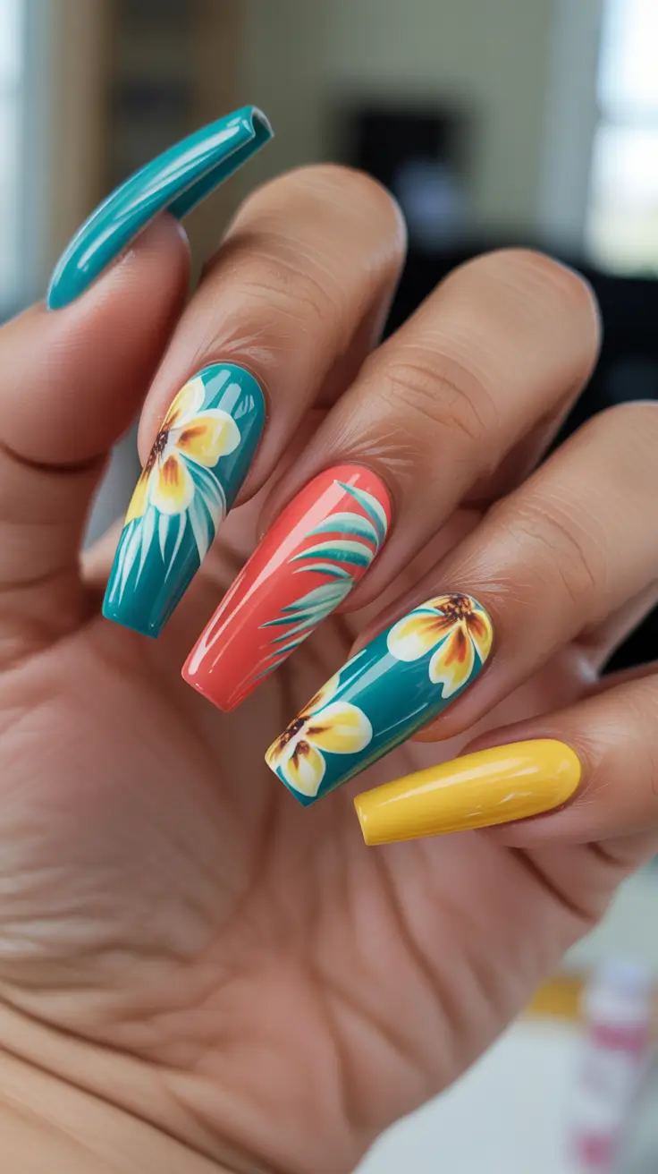 summer nail inspo 2026 bright Almond Color Mix With Tropical Leaf Details