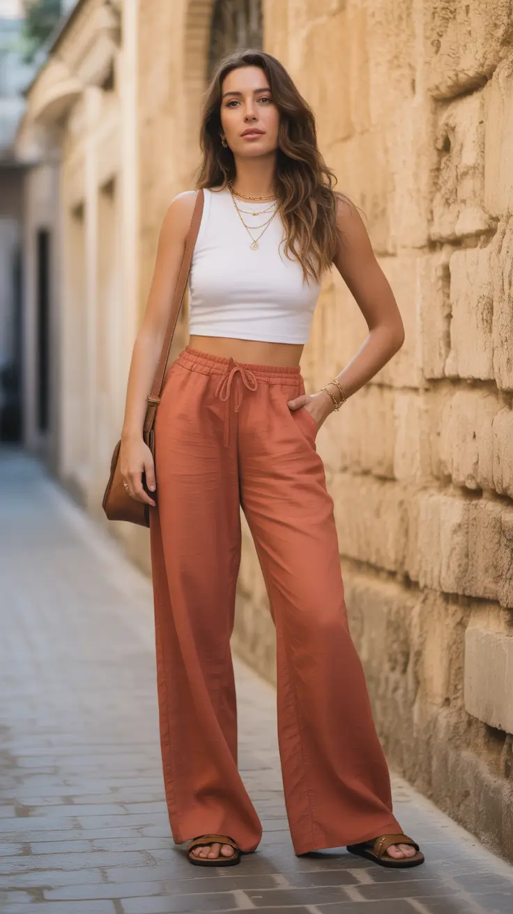 summer outfits with sandals for women 2026 Relaxed Wide-Leg Pants And Flat Sandals Mood