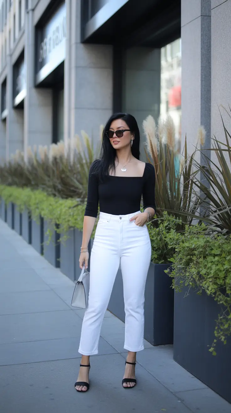 summer outfits with sandals for women 2026 Black Top And White Jeans Clean City Minimal